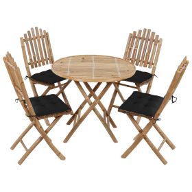 5 Piece Folding Patio Dining Set with Cushions Bamboo (Color: Brown)