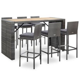7 Piece Patio Bar Set with Cushions Poly Rattan Gray (Color: Grey)
