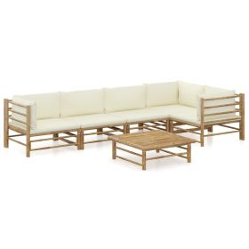 6 Piece Patio Lounge Set with Cream White Cushions Bamboo (Color: Brown)