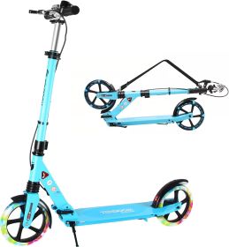 LED Light Up Large Wheels Scooter for Kids Ages 6-12 and Adults with Handbrake;  Kick Scooters for Teens 12 Years and Up with Carry Strap and Bel (Color: Blue)
