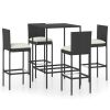 5 Piece Patio Bar Set with Cushions Poly Rattan Black
